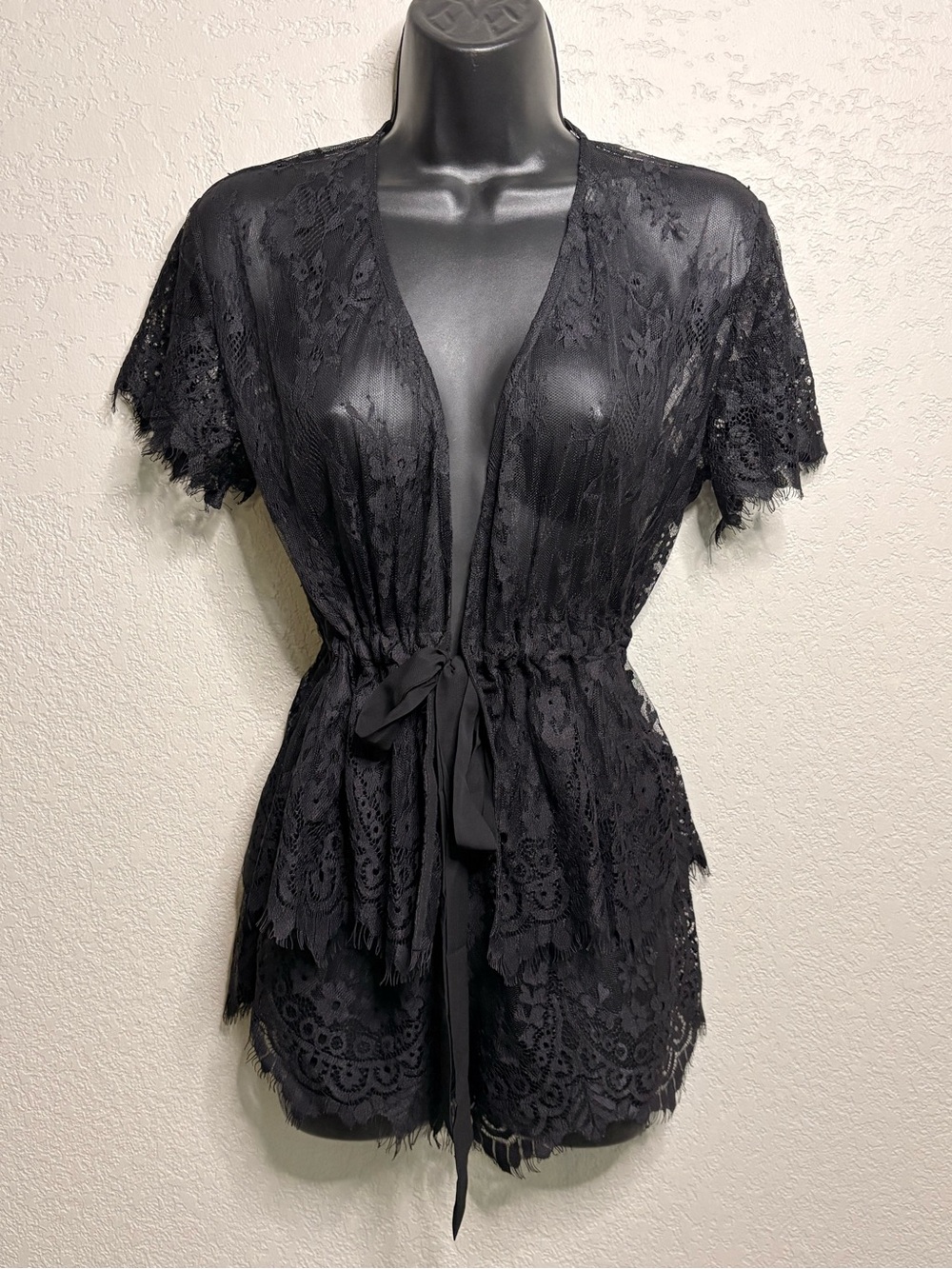 Youmita Black Lace Tie-Front Robe top and shorts